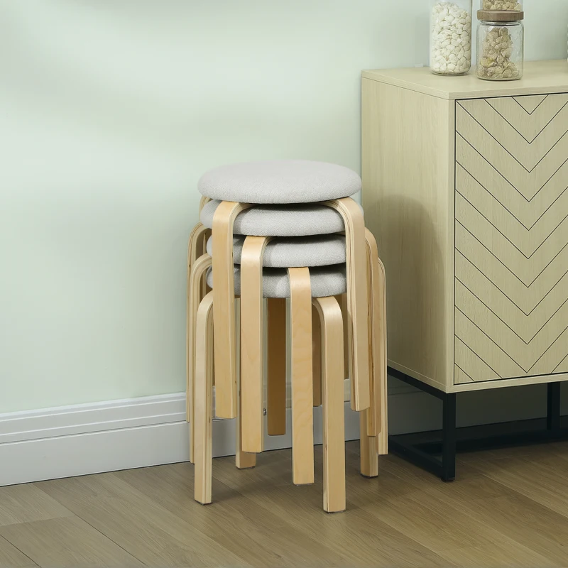HOMCOM Stackable Wood Stools Set of 4, Stacking Kitchen Stools with Padded Seat for Dining Room, Living Room, Cream White