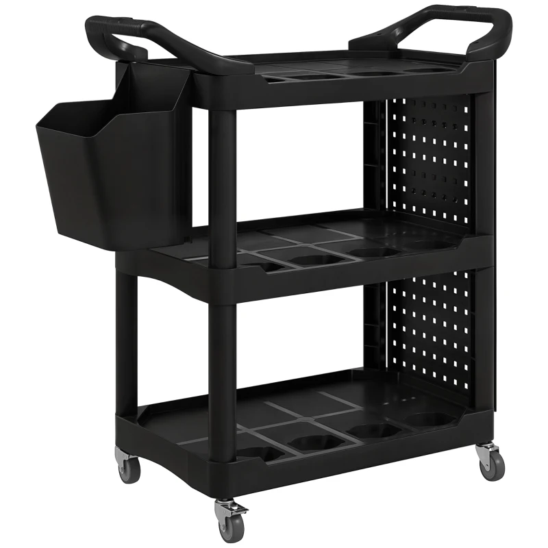 HOMCOM 3-Tier Rolling Tool Cart, 200 LBS Capacity Plastic Utility Cart with Side Shelf and Storage Bucket, Black