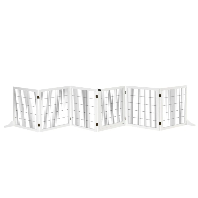PawHut Wooden Pet Gate, 6-Panel Folding Dog Safety Barrier with Support Feet for Small & Medium Dogs, White