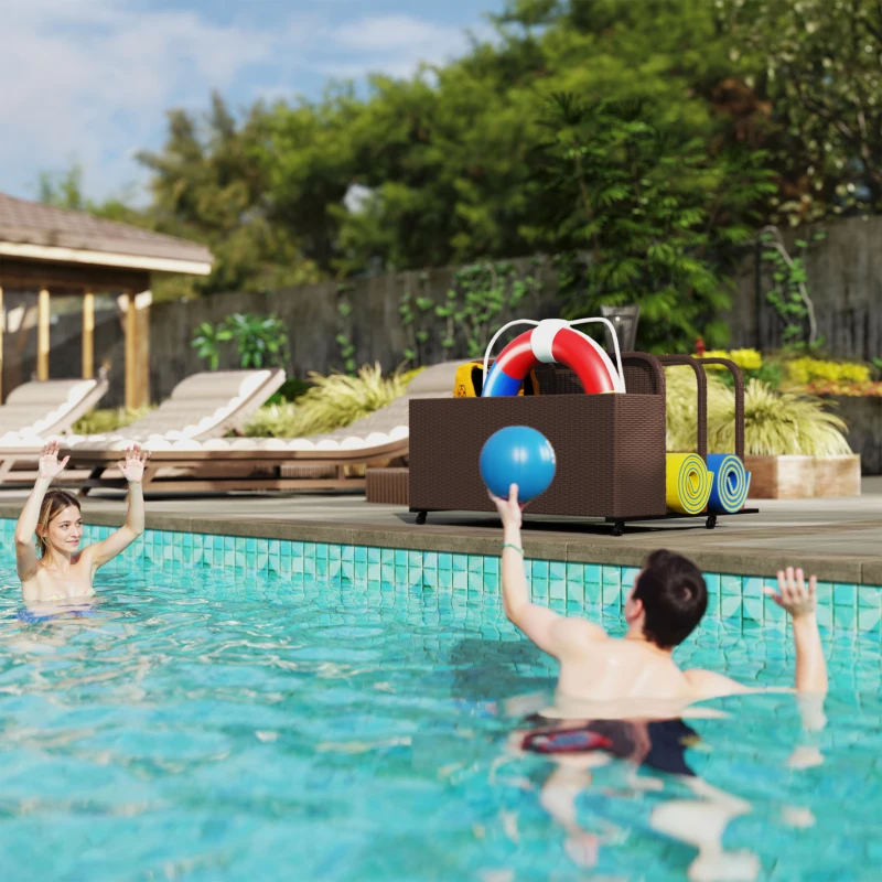 Outsunny Wicker Patio Pool Float Storage Basket, PE Rattan Outdoor Pool Caddy with Rolling Wheels for Floaties, Noodles, Life Vests, Beach Balls, Toys, Brown