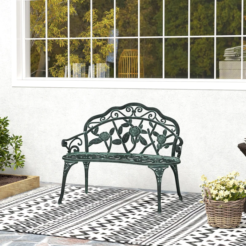 Outsunny Outdoor Bench, Cast Aluminum Outdoor Furniture, Metal Bench with Floral Rose Accent & Antique Finish, Green