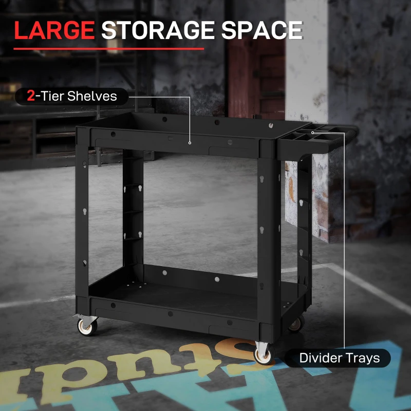 HOMCOM 2-Tier Rolling Tool Cart with Wheels, 500 LBS Capacity Utility Cart with Handle, Mobile Service Tool Organizer, Black