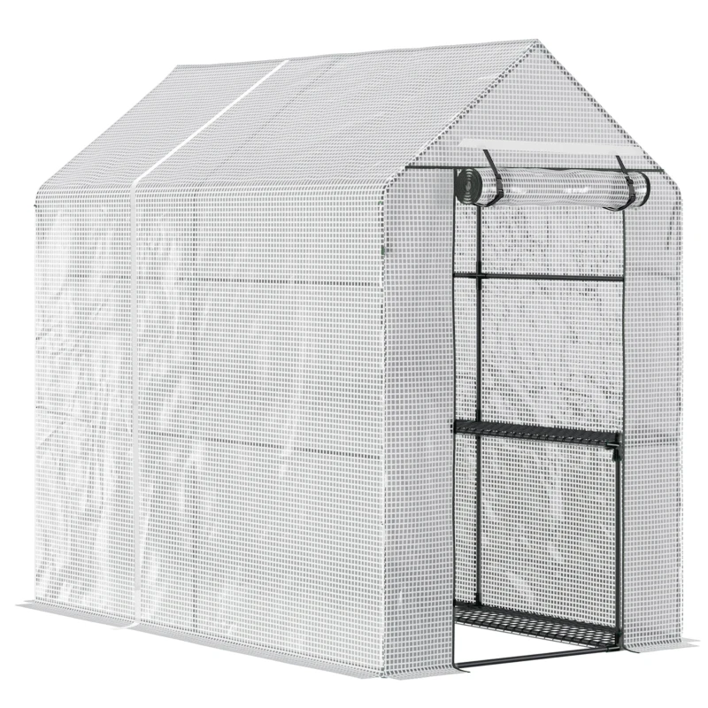 Outsunny 47.25" x 73.25" x 74.25" Walk-in Greenhouse, Outdoor Portable Green House with 4 Shelves, Plant Flower Growing Warm House with Roll-up Door, White