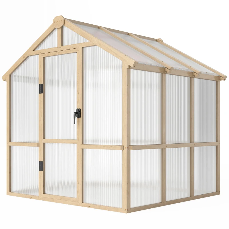 Outsunny 6.6 x 6ft Polycarbonate Greenhouse Wooden Green House with Thickened Polycarbonate Sheets, Lockable Door, Brown