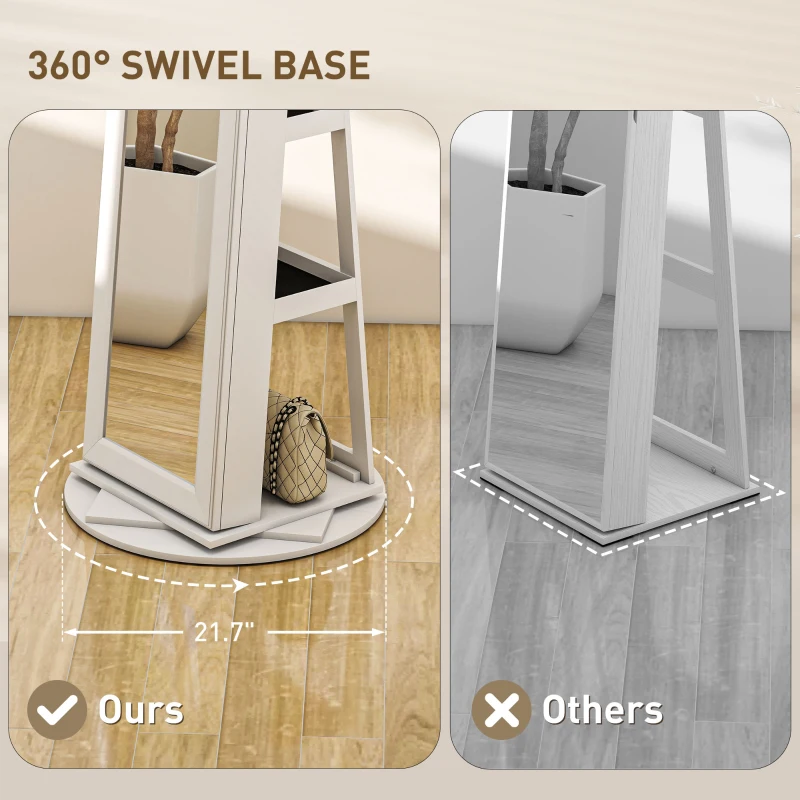 HOMCOM 360° Swivel Jewelry Armoire, Lockable Jewelry Cabinet with Full-Length Mirror, Storage Shelves, White