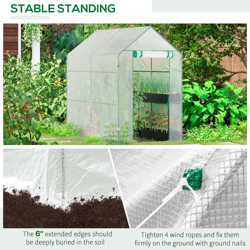 Outsunny 47.25" x 73.25" x 74.25" Walk-in Greenhouse, Outdoor Portable Green House with 4 Shelves, Plant Flower Growing Warm House with Roll-up Door, White