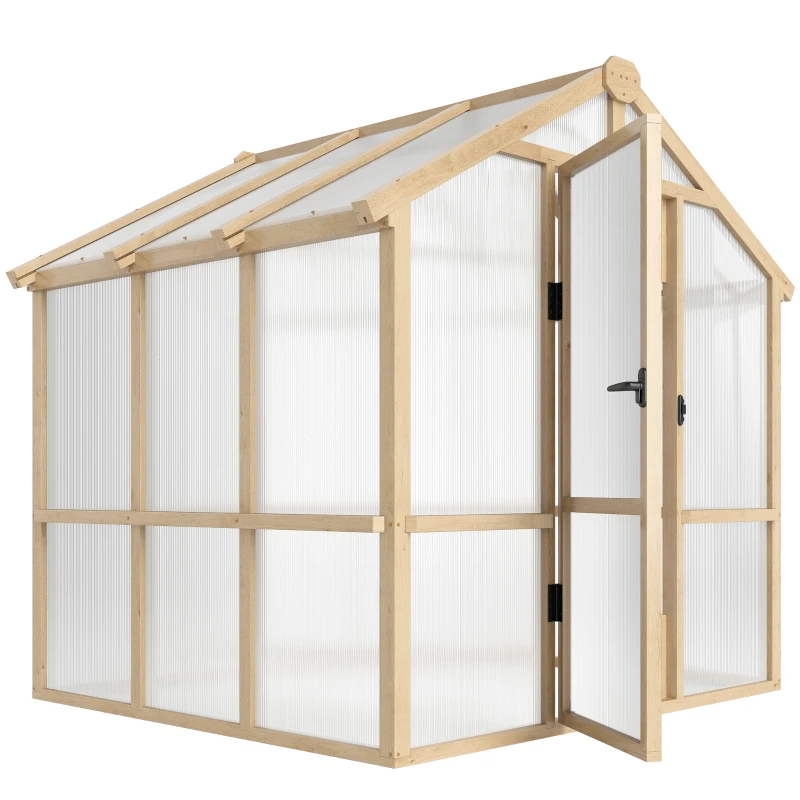 Outsunny 6.6 x 6ft Polycarbonate Greenhouse Wooden Green House with Thickened Polycarbonate Sheets, Lockable Door, Brown
