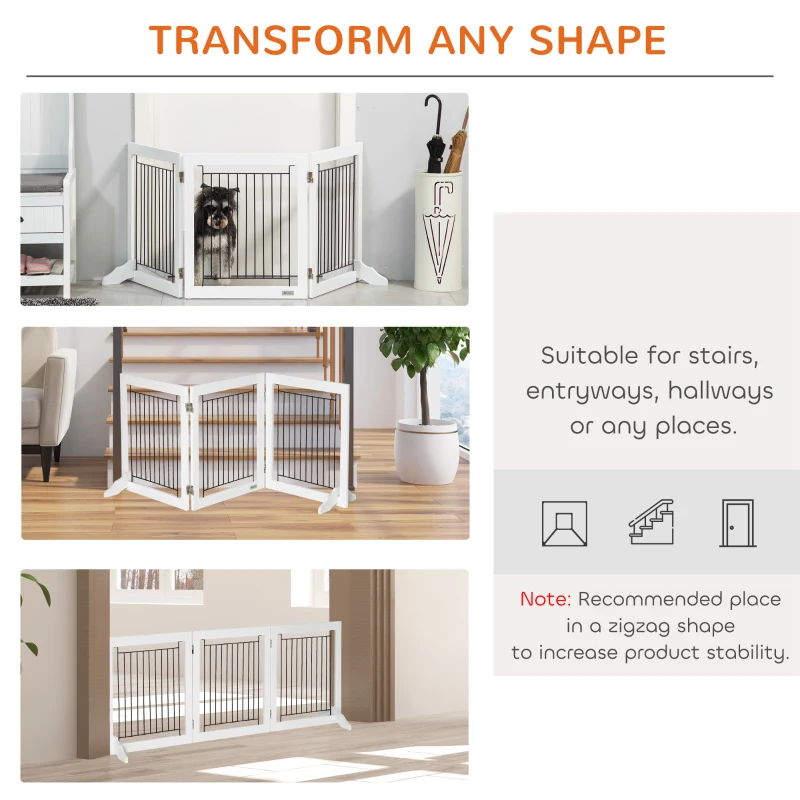 PawHut Freestanding Pet Gate, Folding Dog Gate with 2 Support Feet, 24" High, 3 Panels, for Small Dogs, Indoor Use - White