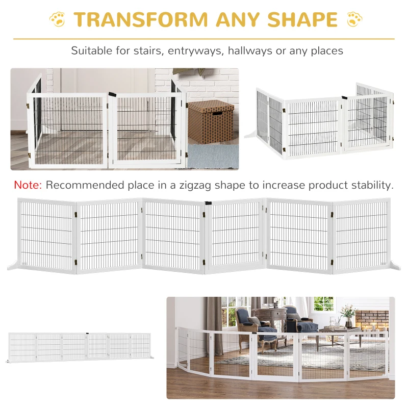 PawHut Wooden Pet Gate, 6-Panel Folding Dog Safety Barrier with Support Feet for Small & Medium Dogs, White
