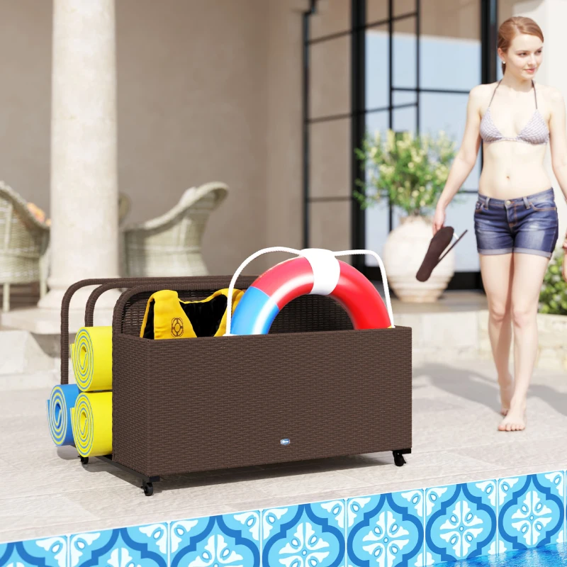 Outsunny PE Rattan Pool Float Storage Organizer with Wheels, Brown