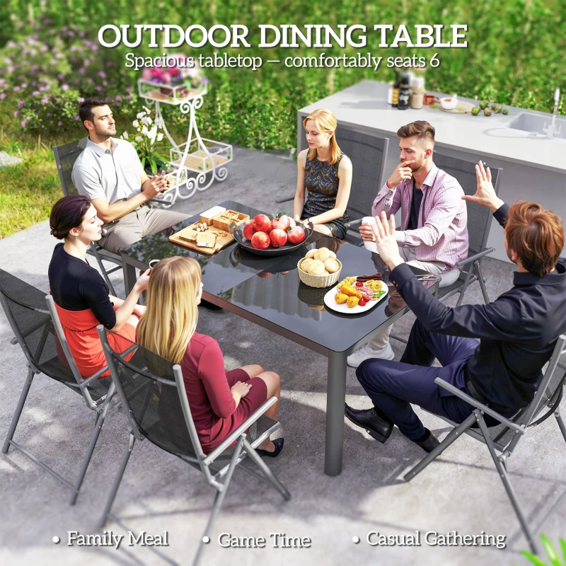 Outsunny 59" x 35" Aluminium Outdoor Dining Table for 6, with Glass Tabletop, Grey