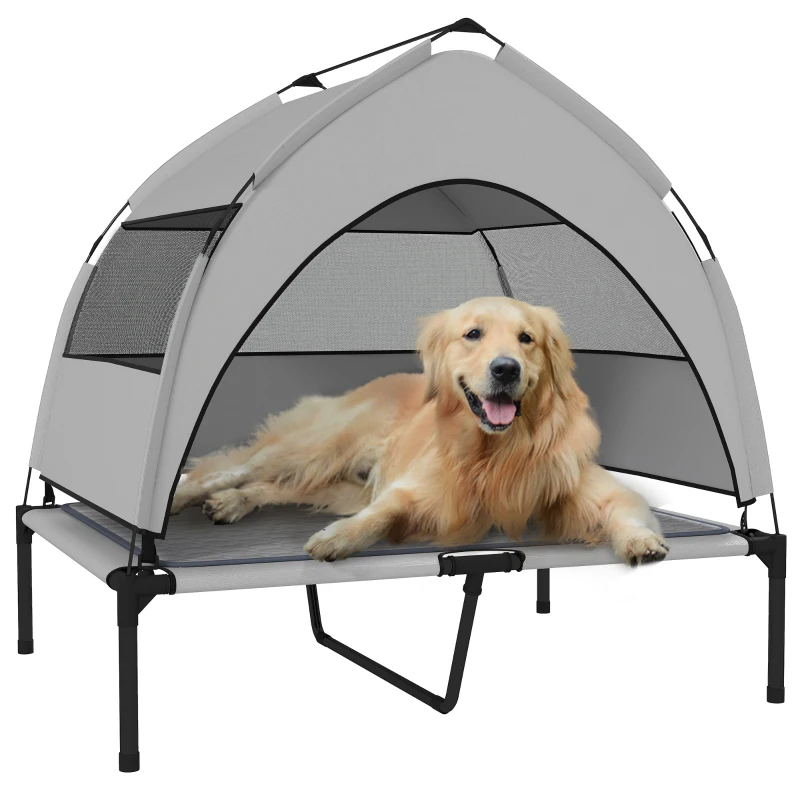 PawHut Elevated Dog Bed with Removable Canopy, Portable Outside Raised Pet Cot with Cooling Pad, Storage Bag, 36" x 29.5" x 35"