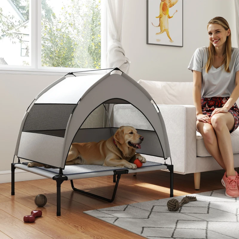 PawHut Elevated Dog Bed with Removable Canopy, Portable Outside Raised Pet Cot with Cooling Pad, Storage Bag, 36" x 29.5" x 35"