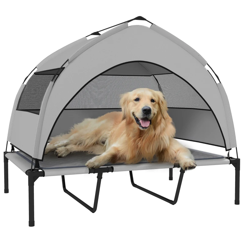 PawHut Elevated Dog Bed with Removable Canopy, Portable Outside Raised Pet Cot with Cooling Pad, Storage Bag, 42" x 30" x 37"