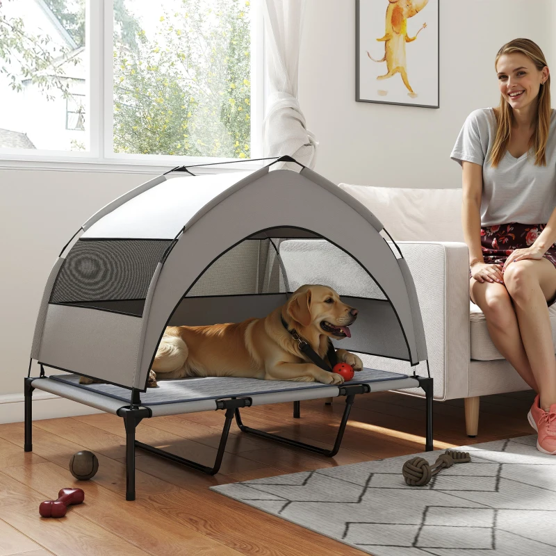 PawHut Elevated Dog Bed with Removable Canopy, Portable Outside Raised Pet Cot with Cooling Pad, Storage Bag, 42" x 30" x 37"
