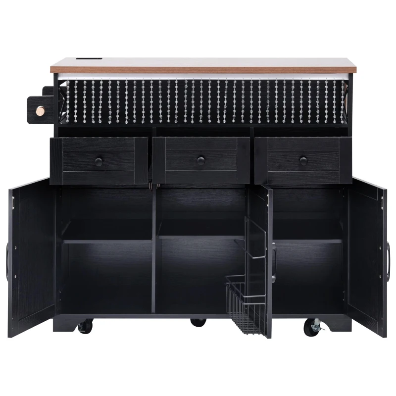 Farmhouse Kitchen Island Cart with Beaded Drape, Power Outlet, Drop Leaf, Adjustable Shelves, Perfect for Kitchen and Dining Room, Black