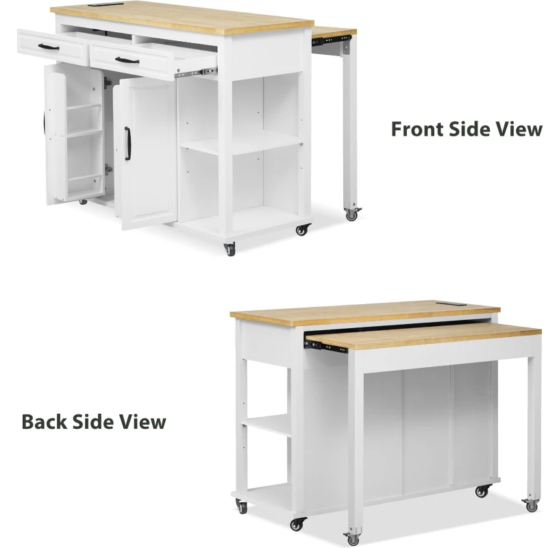 Kitchen Island with Extendable Dining Table, Rubber Wood Veneer, Internal Rack, Power Outlet, 2 Drawers, 2 Cabinets, 47" L x 33.5" W x 37" H, White