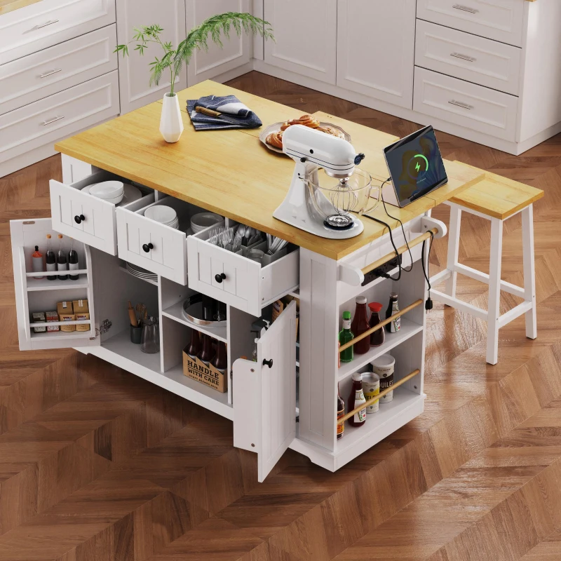 5-Wheel Kitchen Island Set with 2 Bar Stools, Shelves and Drawers, Power Outlet, Internal Rack, Utility Island with Drop Leaf, Bamboo Sticks, White