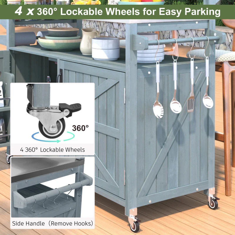 Outdoor Kitchen Island with Raised Shelf, Storage Cabinet, Stainless Steel Top, Rolling Grill Cart with Adjustable Shelves, Spice Rack, Grey+Blue