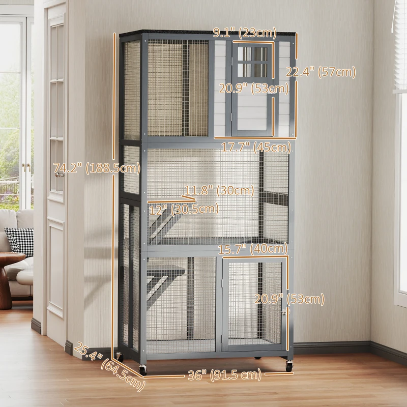 PawHut 74" Wooden Outdoor Cat House Weatherproof & Wheeled with High Weight Capacity, Kitten Cage Condo, Light Grey
