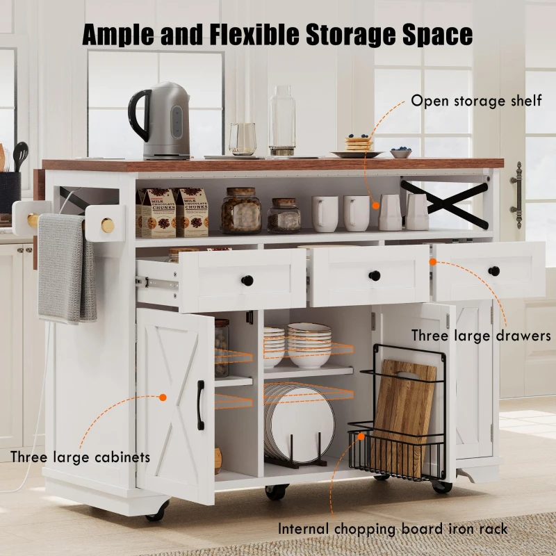 Farmhouse Kitchen Island Cart with Beaded Drape, Power Outlet, Drop Leaf, Rolling Wheels, 3 Doors, 3 Drawers, Adjustable Shelves, White
