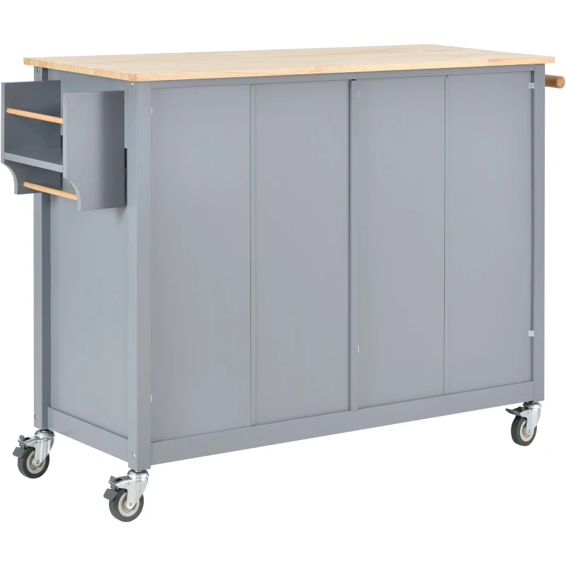 Kitchen Island Cart with 4-Door Cabinet, 2 Drawers, Solid Wood Top, Locking Wheels, Spice and Towel Racks, 54.5" L x 18.5" W x 36" H, Blue