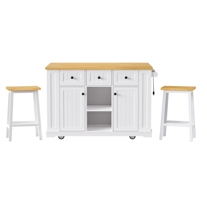 5-Wheel Kitchen Island Set with 2 Bar Stools, Shelves and Drawers, Power Outlet, Internal Rack, Utility Island with Drop Leaf, Bamboo Sticks, White