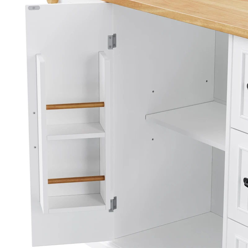 Kitchen Island with Power Outlet and Drop Leaf, 4 Door Shelves, Rolling Cart with Adjustable Shelves, Hidden Wheels, 55.5" L x 30" W x 36" H, White