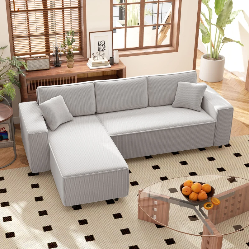 HOMCOM Corner Sofa with Reversible Chaise Lounge, Corduroy L-Shaped Sectional Sofa with Pocket Spring, Light Gray(m-2)
