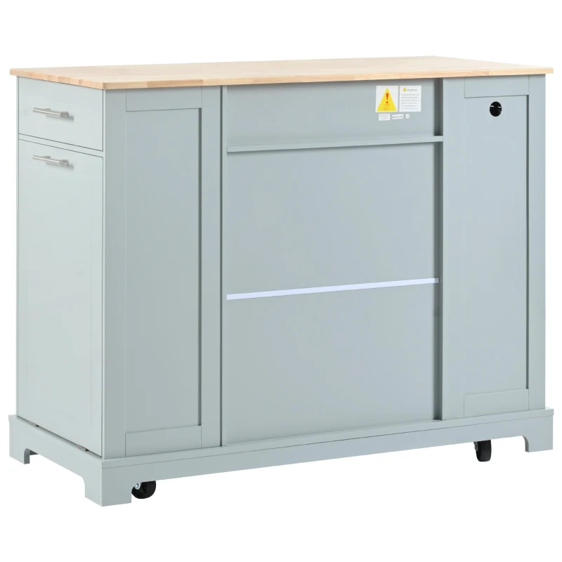 Fluted Kitchen Island with Trash Can Storage, Power Outlet, Adjustable Shelves, 3 Drawers, 3 Side Racks, 48.5" L x 20.5" W x 36.5" H, Gray+Blue
