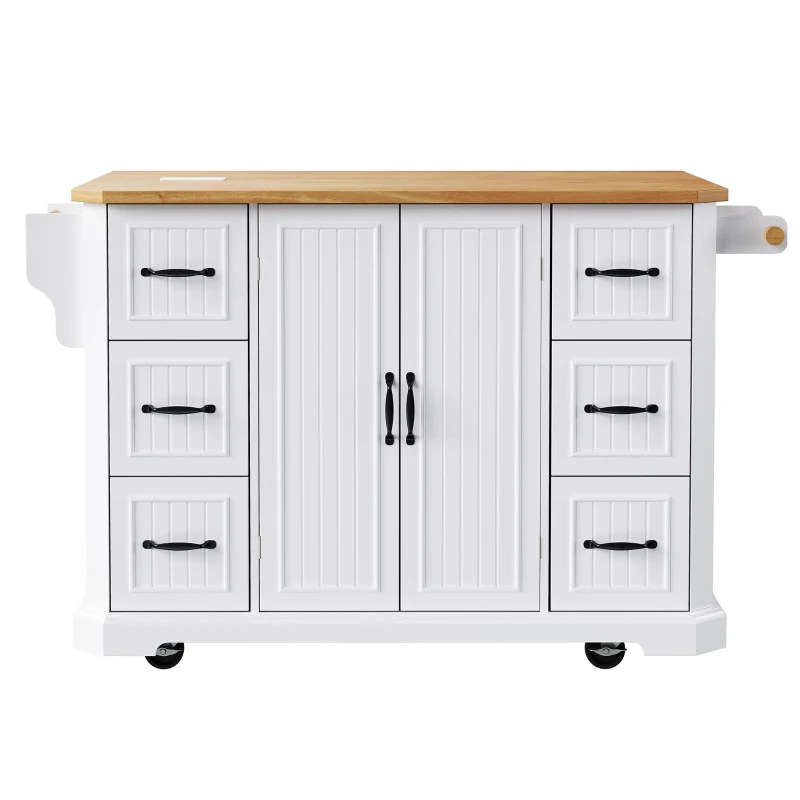 Kitchen Island with Power Outlet and Drop Leaf, 4 Door Shelves, Rolling Cart with Adjustable Shelves, Hidden Wheels, 55.5" L x 30" W x 36" H, White