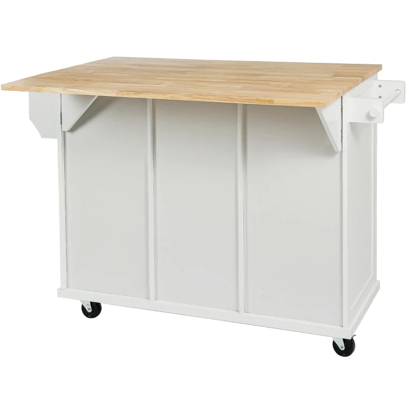 Kitchen Cart with 5 Wheels, 3 Drawers, Storage Cabinet, Central Island with Rubberwood Drop-Leaf Countertop, 53" L x 29.5" W x 37" H, White