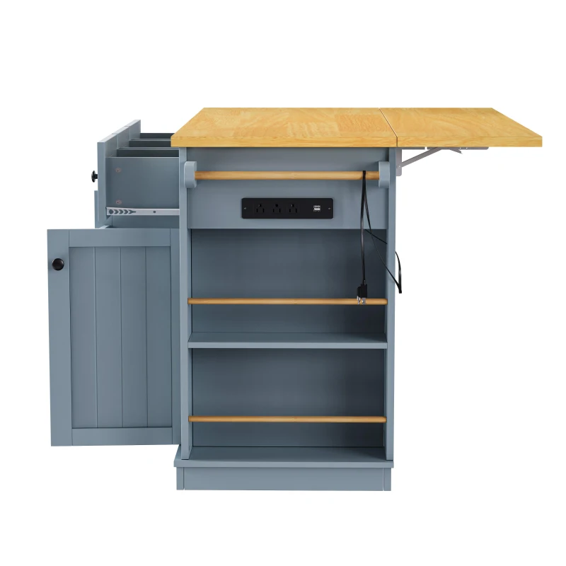 Kitchen Island Cart with Drop Leaf, Power Outlet, Internal Storage Rack, Rolling on 5 Wheels, Adjustable Shelves, and Bamboo Sticks, Gray+Blue