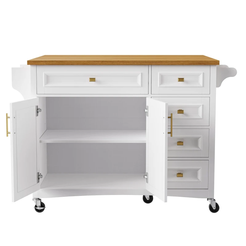 Kitchen Island with Spice Rack, Drop Leaf, Towel Rack, 2 Doors, 5 Drawers, Adjustable Shelf, Embossed Texture, 52" L x 29.5" W x 36" H, White