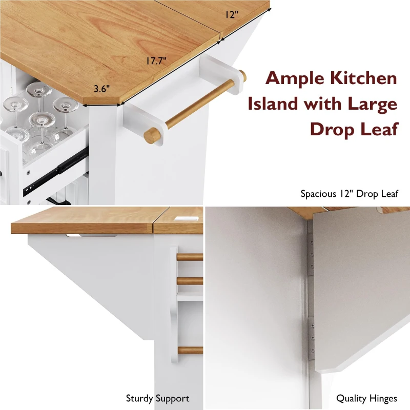 Kitchen Island with Power Outlet and Drop Leaf, 4 Door Shelves, Rolling Cart with Adjustable Shelves, Hidden Wheels, 55.5" L x 30" W x 36" H, White