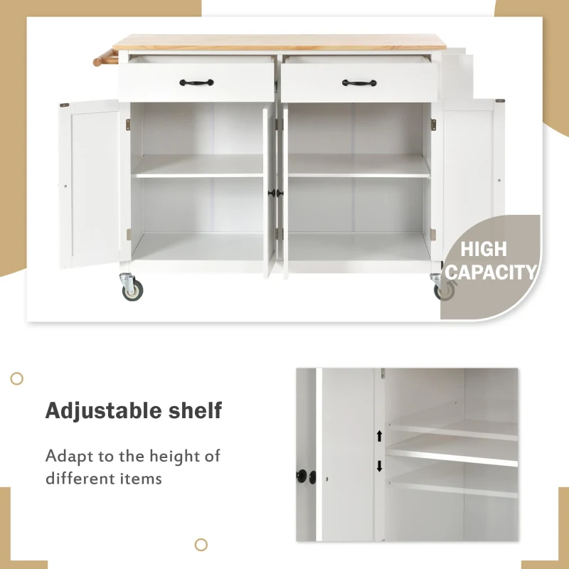 Kitchen Island Cart with 4-Door Cabinet, 2 Drawers, Solid Wood Top, Spice and Towel Racks, Locking Wheels, 54.5" L x 18.5" W x 36" H, White