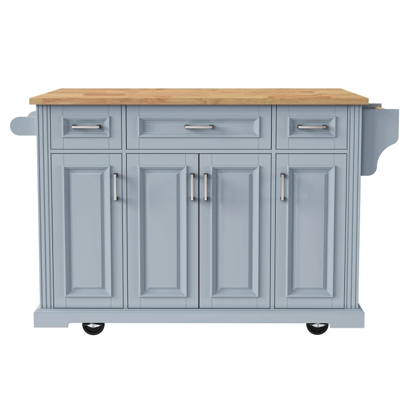 Kitchen Island Cart with Rubber Wood Drop Leaf, Embossed Texture, Adjustable Shelves, Hidden Wheels, 3 Drawers, 54" L x 29.5" W x 36" H, Grey+Blue