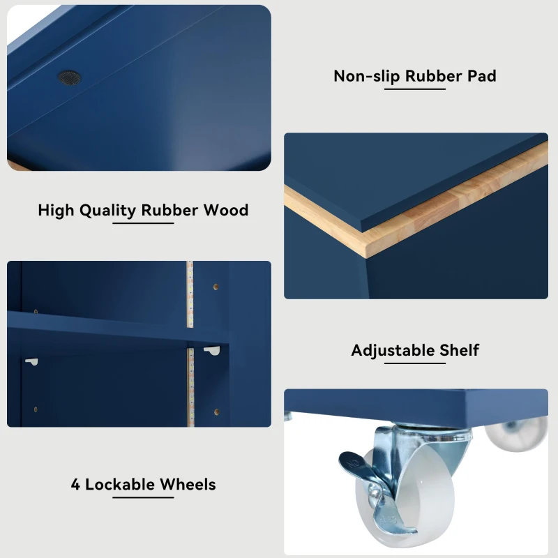 LED Kitchen Island with Extended Table, Power Outlets, Storage Shelves, Utility Cart with Fluted Glass Doors, 56.5" L x 33" W x 38" H, Navy Blue