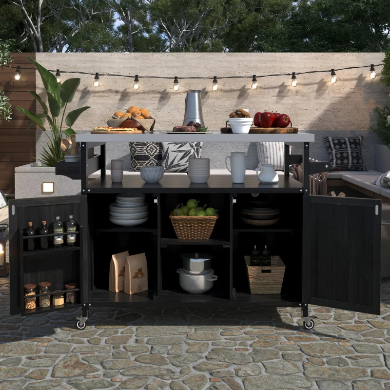 Outdoor Kitchen Island Cart, Rolling Bar Cart with Stainless Steel Top, Spice Rack, Towel Rack, Lockable Wheels, 50" L x 18.5" W x 36.5" H, Black