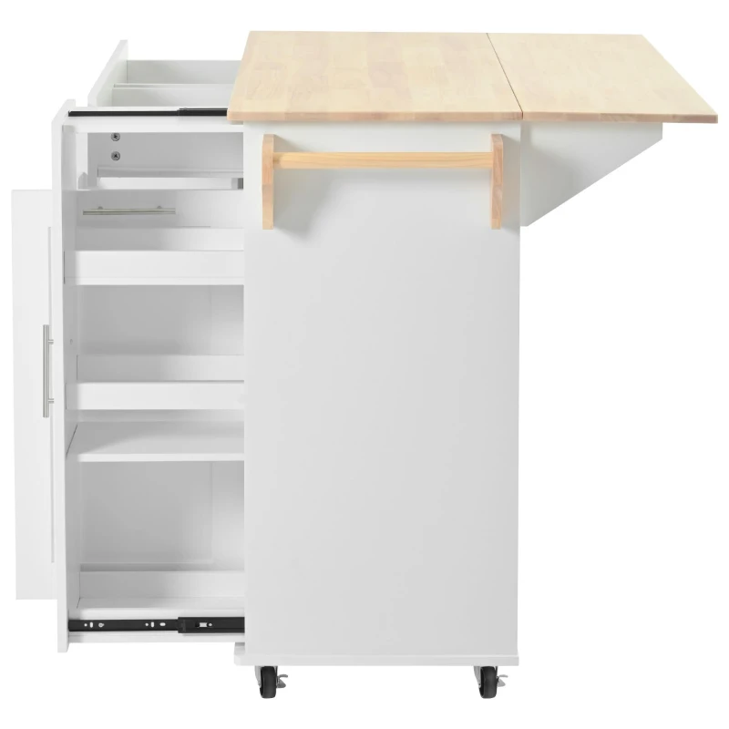 Kitchen Island Cart with 3-Tier Pull-Out Cabinet Organizer, Drop Leaf, Adjustable Shelves, Rolling Cart with Towel Rack, 46" L x 29.5" W x 37" H, White