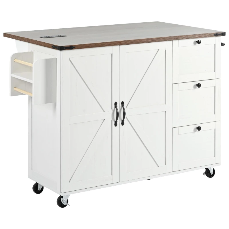 Farmhouse Kitchen Island with Power Outlet, Drop Leaf, Internal Storage Rack, Utility Cart with Adjustable Shelves, 54.5" L x 29" W x 36.5" H, White