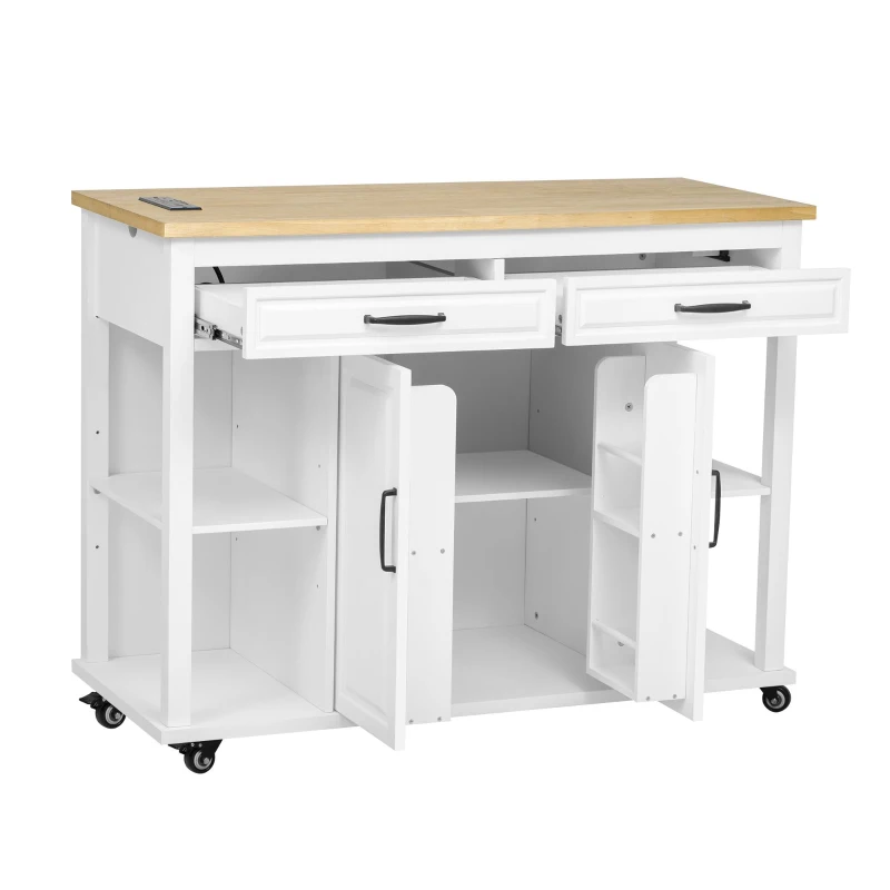 Kitchen Island with Extendable Dining Table, Rubber Wood Veneer, Internal Rack, Power Outlet, 2 Drawers, 2 Cabinets, 47" L x 33.5" W x 37" H, White
