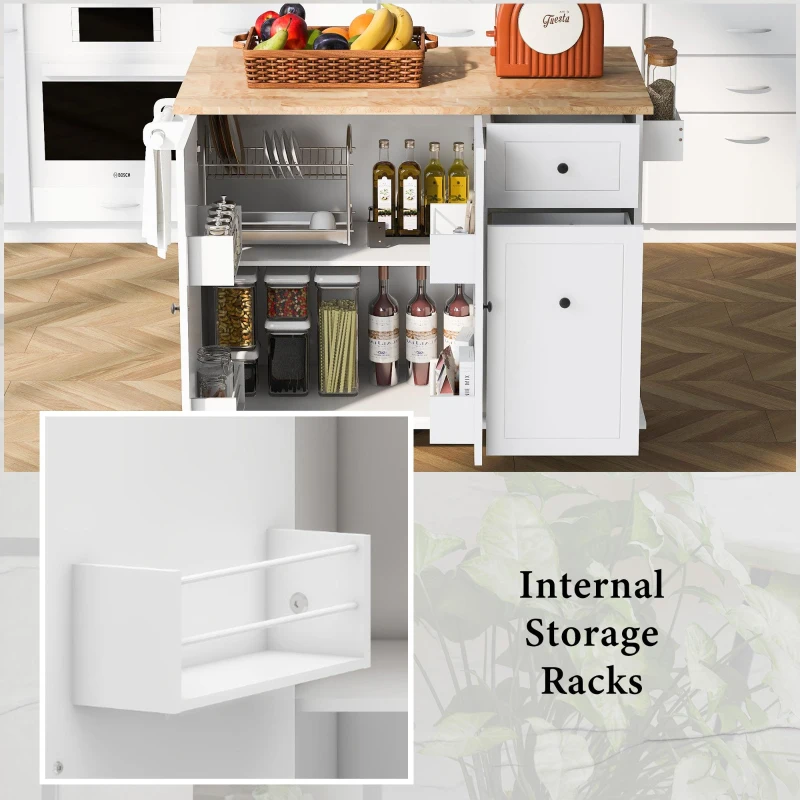 Kitchen Island with 3-Tier Pull-Out Cabinet Organizer, Drop Leaf, Internal Storage Rack, Rolling Cart on Wheels, 54" L x 29" W x 37" H, White
