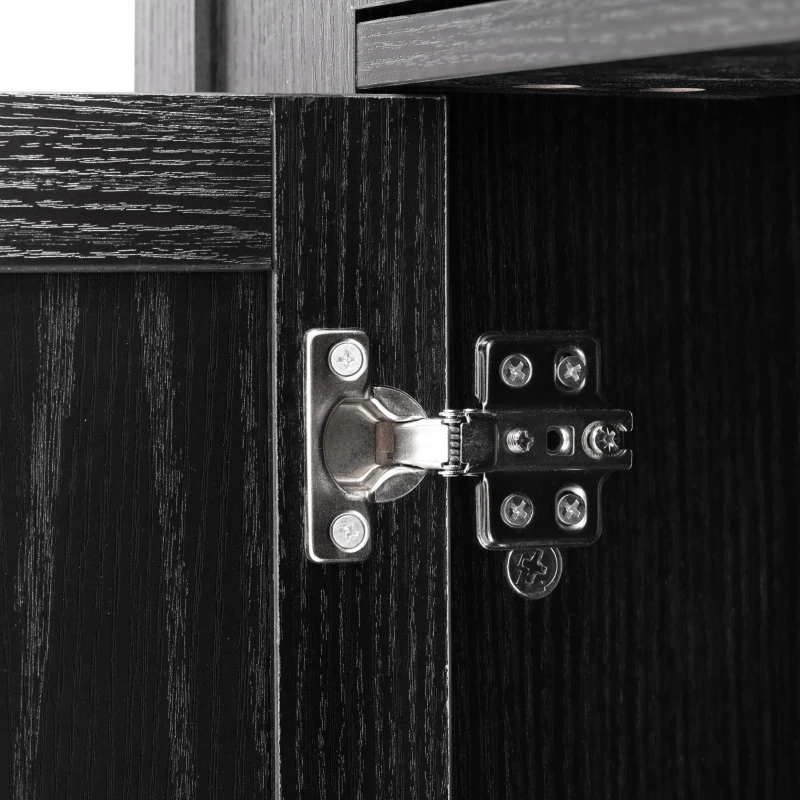 Farmhouse Kitchen Island with Tempered Glass Doors, Power Outlet, Rolling Cart with Drop Leaf, 5 Racks, 3 Drawers, 53" L x 29.5" W x 36" H, Black