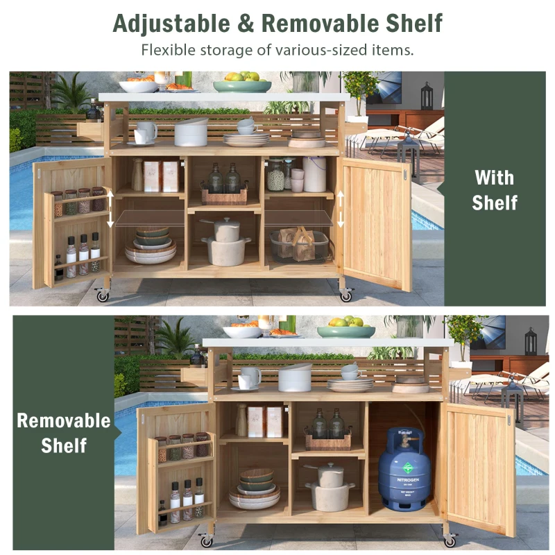 Outdoor Kitchen Island with Stainless Steel Top, Spice and Towel Rack, Rolling Bar Cart with Lockable Wheels, 50" L x 18.5" W x 36.5" H, Natural