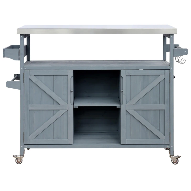 Outdoor Kitchen Island with Spice and Towel Rack, Lockable Wheels, Rolling Bar Cart with Stainless Steel Top, 50" L x 18.5" W x 36.5" H, Slate Blue
