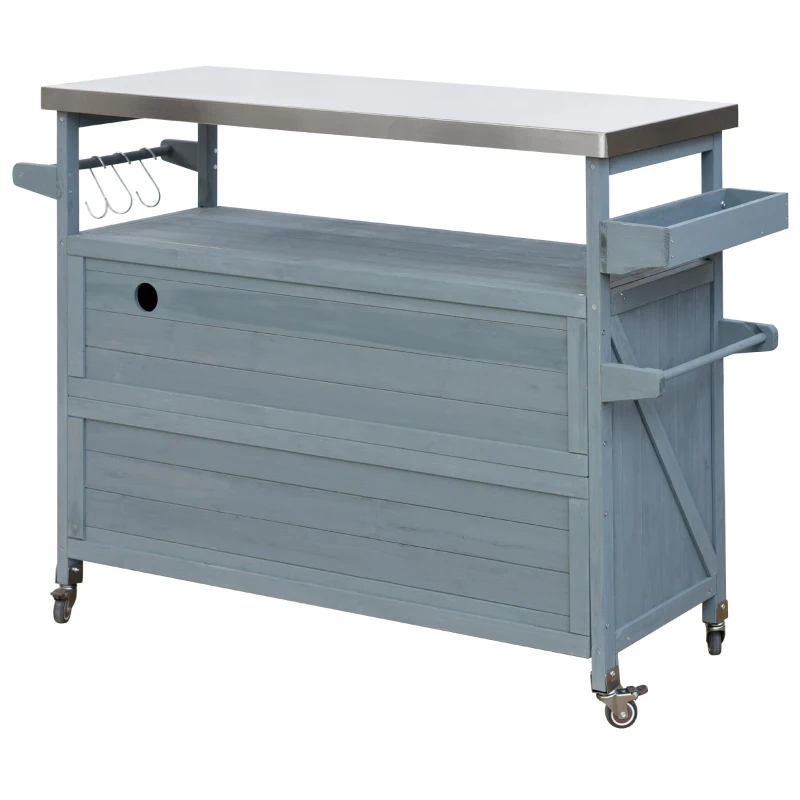Outdoor Kitchen Island with Spice and Towel Rack, Lockable Wheels, Rolling Bar Cart with Stainless Steel Top, 50" L x 18.5" W x 36.5" H, Slate Blue