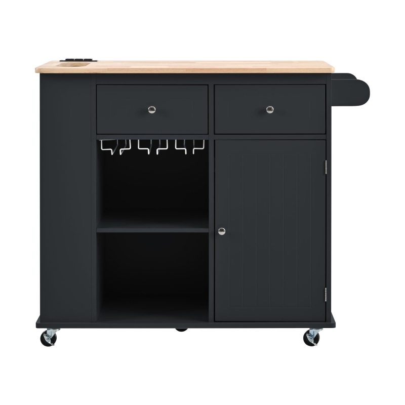 Kitchen Cart with Power Outlet, Drop Leaf, Wine Rack, Adjustable Shelves, Central Island with Lockable Wheels, 40" L x 29.5" W x 34" H, Black