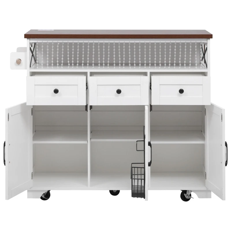Farmhouse Kitchen Island Cart with Beaded Drape, Power Outlet, Drop Leaf, Rolling Wheels, 3 Doors, 3 Drawers, Adjustable Shelves, White