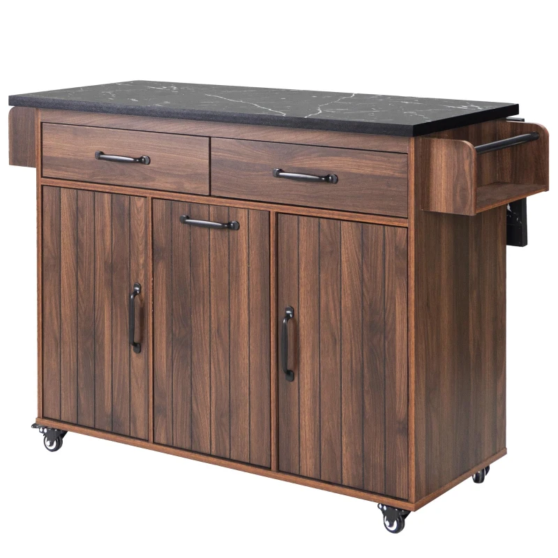 Kitchen Cart with Trash Can Storage, Drop Leaf, Spice and Towel Rack, Central Island with Rolling Wheels, 51" L x 31.5" W x 35" H, Walnut Brown